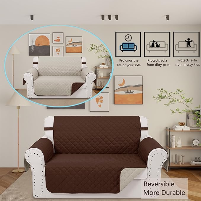 Reversible Loveseat Sofa Covers Couch Cover Furniture Protector(Loveseat Small,Brown/Beige)