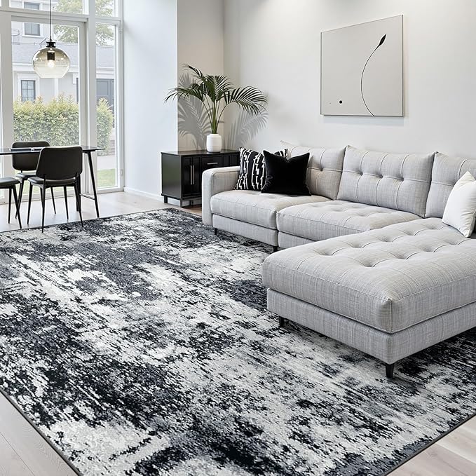 Washable Area Rugs 10'x12' Non-Slip Modern Abstract Soft for Living Room Entryway Bedroom Nursery, Print Pattern, Black Navy Blue Gray