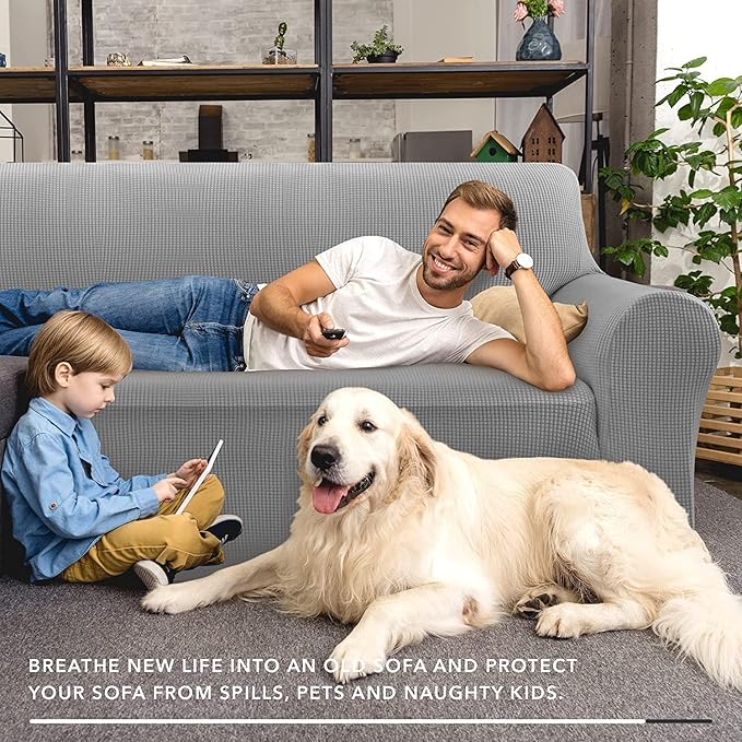 ZNSAYOTX Super Stretch Couch Cover (72"-92") Universal Sofa Covers with Elastic Bottom, Dog Cat Pets Friendly Washable Furniture Protector Fitted Sofa Slipcovers Stay in Place (Light Grey, Sofa)