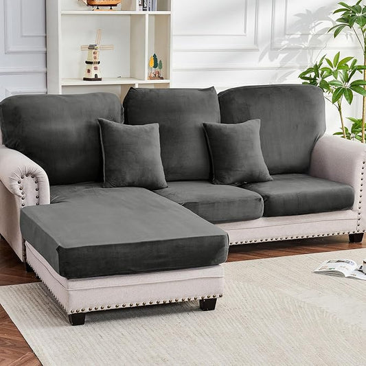 Couch Cover 6-Piece Elastic Velvet Couch Cushion Covers & Chaise Slipcovers for L-Shaped Sofas - Sofa Seat Covers Washable, Soft Protector for Couches (5 Seater + Chaise, Grey)