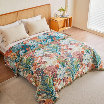 MSGKV Boho Throw Blanket for Bed Couch 100% Cotton Blanket 60"x80" Spring Breathable Farmhouse Lightweight Muslin Blankets Home Decor