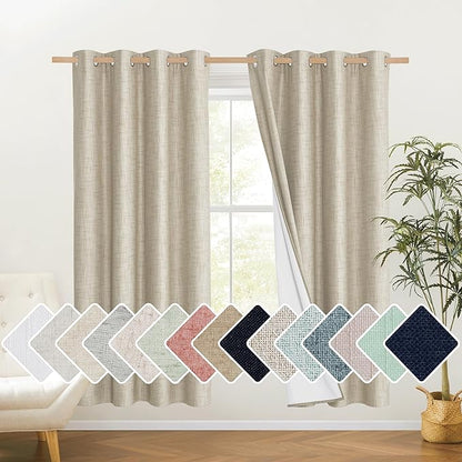 NICETOWN Taupe 100% Blackout Linen Curtains 72 inch Long Burg, Farmhouse Thick Completely Blackout Window Treatment Panels Thermal Insulated Drapes for Living Room (1 Pair, 52" Width Each Panel)