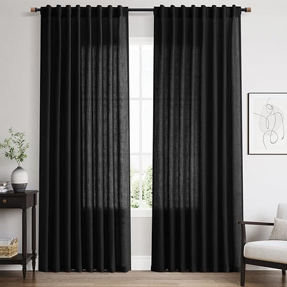 Nanspring Linen Curtains 84 Inch Length for Living Room Bedroom Black Simple Modern Semi Sheer Curtains Set Back Tab Rod Pocket Cotton Textured Privacy Drapes 60x84, 2 Panels