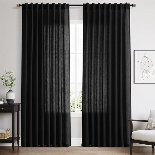 Nanspring Linen Curtains 84 Inch Length for Living Room Bedroom Black Simple Modern Semi Sheer Curtains Set Back Tab Rod Pocket Cotton Textured Privacy Drapes 60x84, 2 Panels