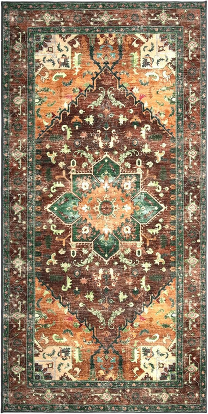 Yamaziot Washable Runner Rug, 3x6 Non-Slip Boho Vintage Hallway Rug with Rubber Backing, Low Pile Faux Wool Distressed Carpet Runner for Bedroom, Kitchen, Laundry, Entrance