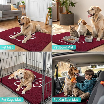 Smiry Dog Door Mat for Muddy Paws, Absorbent Dirt Trapper Non Slip Quick Dry Washable Chenille Mat for Mud Dogs, Entry Rug for Indoor and Outdoor (24x16 Inches, Burgundy and White)