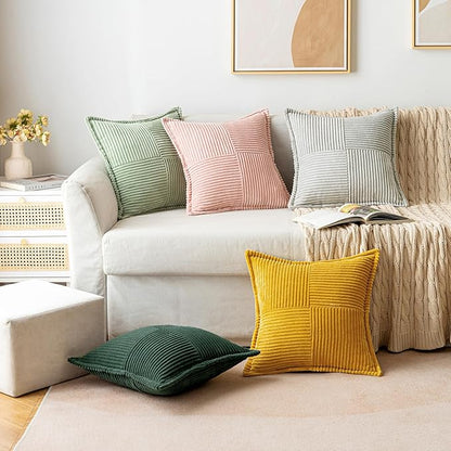 MIULEE Decorative Throw Pillow Covers for Couch Bed Livingroom 20x20 Inch Set of 2 Dark Green Boho Accent Throw Pllows Broadside Striped Patchwork Soft Corduroy Pillowcases