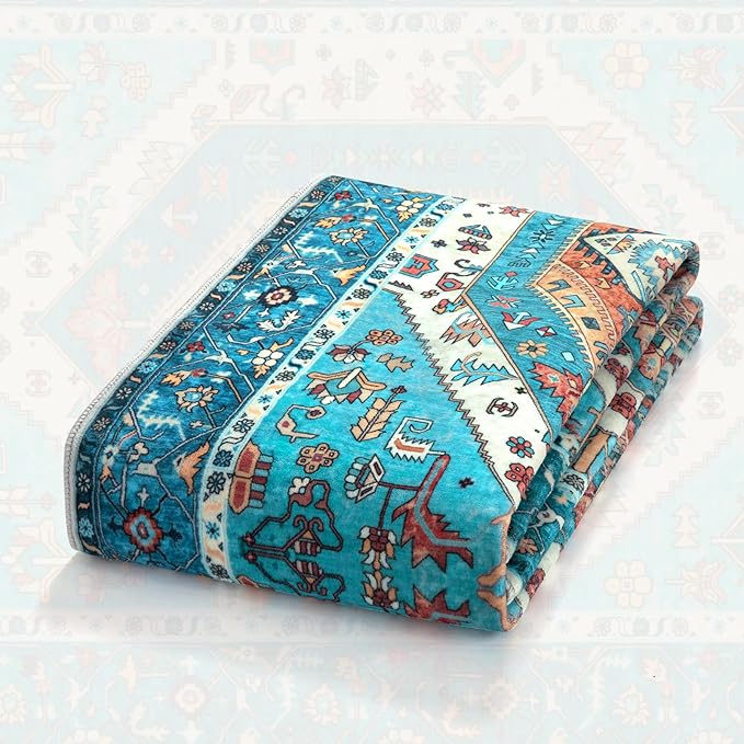 SERISSA 9x12 Area Rugs for Living Room, Large Washable Non-Slip Boho Rug, Ultra Soft Vintage Blue Oriental Print Distressed Farmhouse Carpet for Dining Room Bedroom Dorm Office Home Decor
