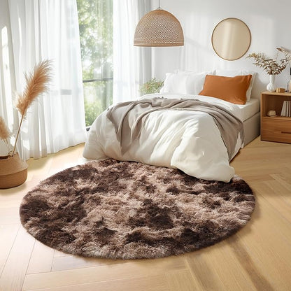 Amdrebio Tie-Dyed Brown Round Circle Rugs 5Ft for Bedroom, Fluffy Shag Plush Area Rugs for Kids Room, Living Room Decor Aesthetic, Fuzzy Fur Throw Floor Carpet for Playroom Preppy Dorm Baby Nursery