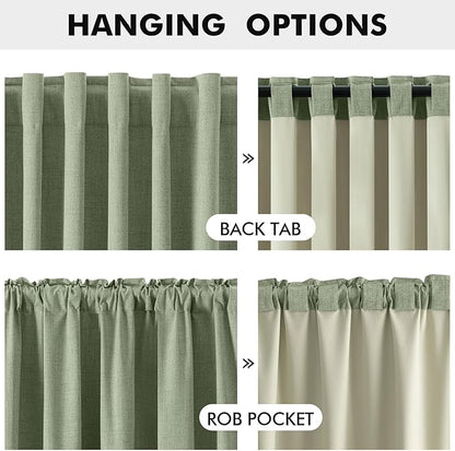 MIULEE 100% Blackout Linen Curtains for Bedroom, Sage Green Solid Luxury Decor Thermal Insulation Room Darkening Drapes for Living Room Nursery Back Tab Rod Pocket 42 x 84 Inches, 2 Panels