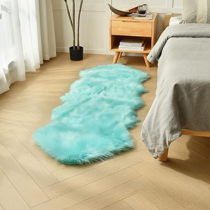 duduta Turquoise Blue Faux Sheepskin Runner Rugs 2x6 ft, Fluffy Shag Bedroom Rug Fur Sofa Couch Covers Washable