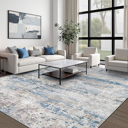 Area Rugs 8x10 for Living Room: Washable Rug Modern Abstract Neutral Soft Non-Slip Low-Pile Indoor Large Carpet for Bedroom Dining Room Playroom Home Office (Light Blue Brown, 8'x10')