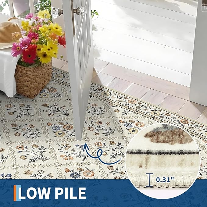 Floral Washable Entryway Rug Non-Slip 2x3 Front Door Mat Vintage Low-Pile Small Area Rugs Soft Non-Slip Indoor Stain Resistant Entry Mat for Entrance Bedroom Bathroom Beige