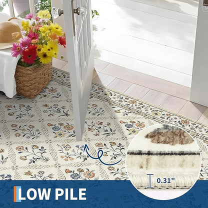 Floral Washable Entryway Rug Non-Slip 2x3 Front Door Mat Vintage Low-Pile Small Area Rugs Soft Non-Slip Indoor Stain Resistant Entry Mat for Entrance Bedroom Bathroom Beige
