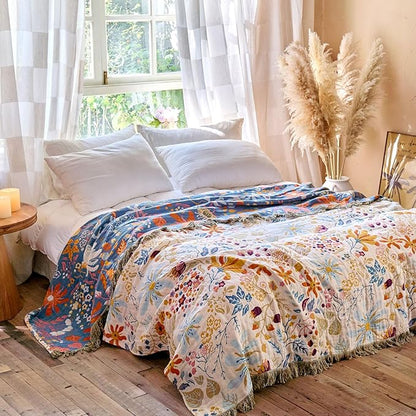 MSGKV Boho Throw Blanket for Couch 100% Cotton 50"x60" Floral Blanket Sofa Chair Throws Spring Breathable Lightweight Farmhouse Blankets Home Decor All Seasons