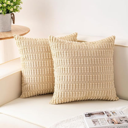Pack of 2 Corduroy Decorative Throw Pillow Covers 18x18 InchSoft Boho Striped Pillow Covers Modern Farmhouse Home Decor for Sofa Living Room Couch Bed(Beige)