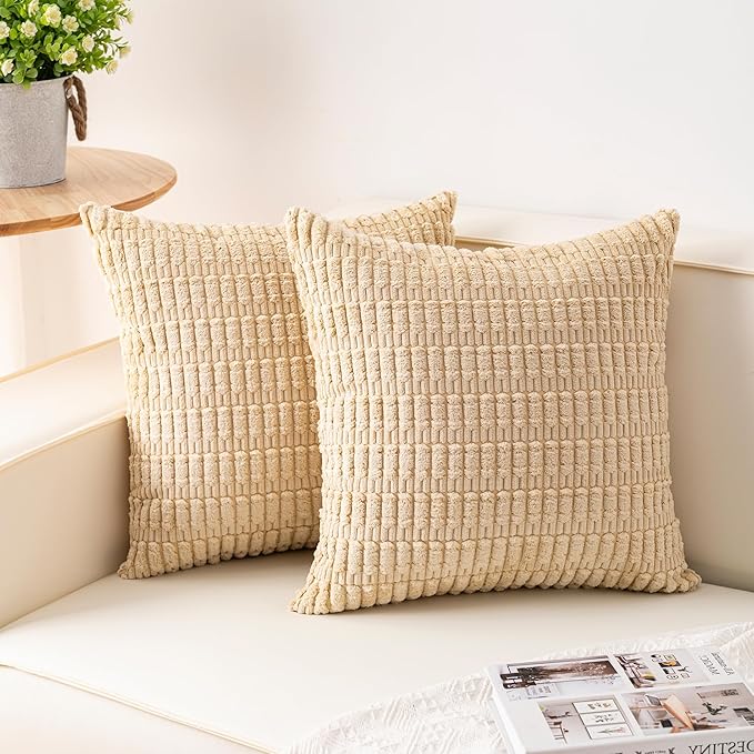 Pack of 2 Corduroy Decorative Throw Pillow Covers 16x16 Inch Soft Striped Pillow Covers Modern Farmhouse Home Decor for Sofa Living Room Couch Bed（Beige）