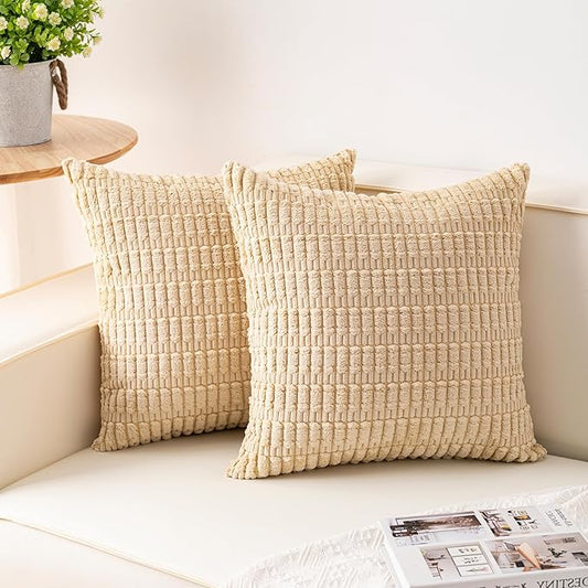 Pack of 2 Corduroy Decorative Throw Pillow Covers 16x16 Inch Soft Striped Pillow Covers Modern Farmhouse Home Decor for Sofa Living Room Couch Bed（Beige）