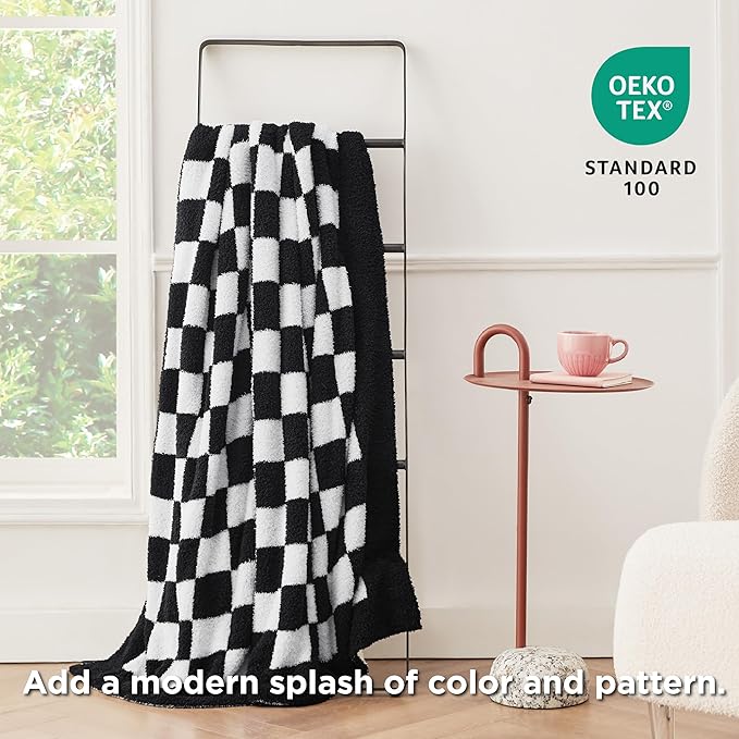 Bedsure GentleSoft Cozy Soft Throw Blanket, Black Checkered Fluffy Blankets, Lightweight Warm Knit All Season Throw Blankets for Couch Bed Sofa, Travel, Birthday Gifts for Women, Men, 50x60 Inches