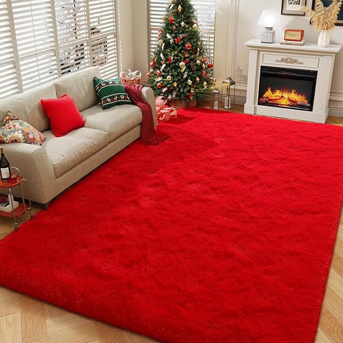 Amearea Premium Soft Fluffy Rug Modern Shag Carpet, 9x12 Feet, Fuzzy Shaggy Rugs for Bedroom Living Room Teen Apartment Decor, Comfortable Indoor Furry Dorm Carpets, Red