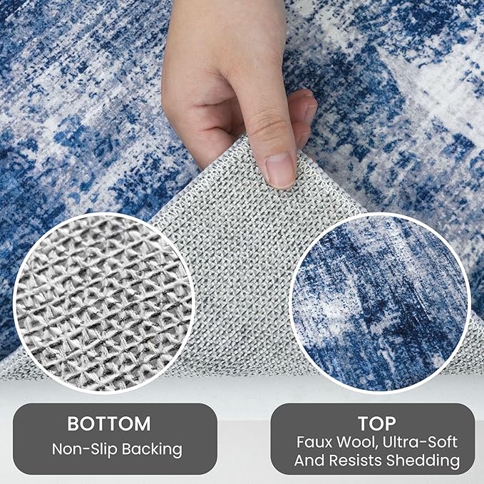 IOHOUZE Abstract Runner Rug 3x12 Ft Washable Runners for Hallways, Non Slip Kitchen Runner Printed Faux Wool Entryway Runner Indoor, Modern Abstract Floor Carpet for Hall Kitchen, Navy/Grey