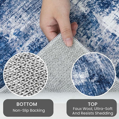 IOHOUZE Abstract Runner Rug 2x12 Ft Washable Runners for Hallways, Non Slip Kitchen Runner Printed Faux Wool Entryway Runner Indoor, Modern Abstract Floor Carpet for Hall Kitchen, Navy/Grey