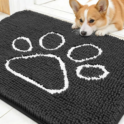 OLANLY Dog Door Mat for Muddy Paws 30x20, Paw Print Design, Absorbs Moisture and Dirt, Absorbent Non-Slip Washable Doormat, Quick Dry Chenille Mud Mat for Dogs, Entry Indoor Entryway Carpet, Dark Grey