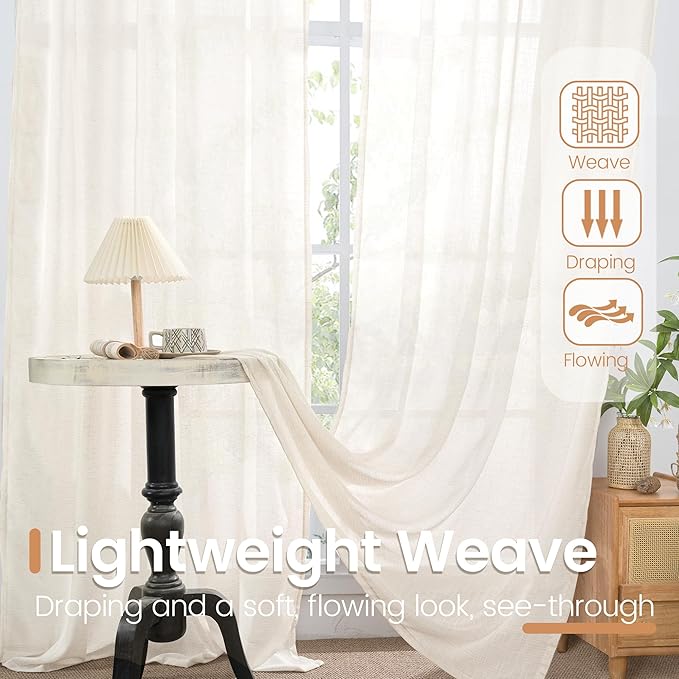 BGment Short Linen Curtains 54 Inch Length for Living Room - Rod Pocket Light Filtering Drapes Semi Sheer Textured for Bedroom Country Decorative Lightweight Natural Rustic, 2 Panels Set, 42 X 54 Inch
