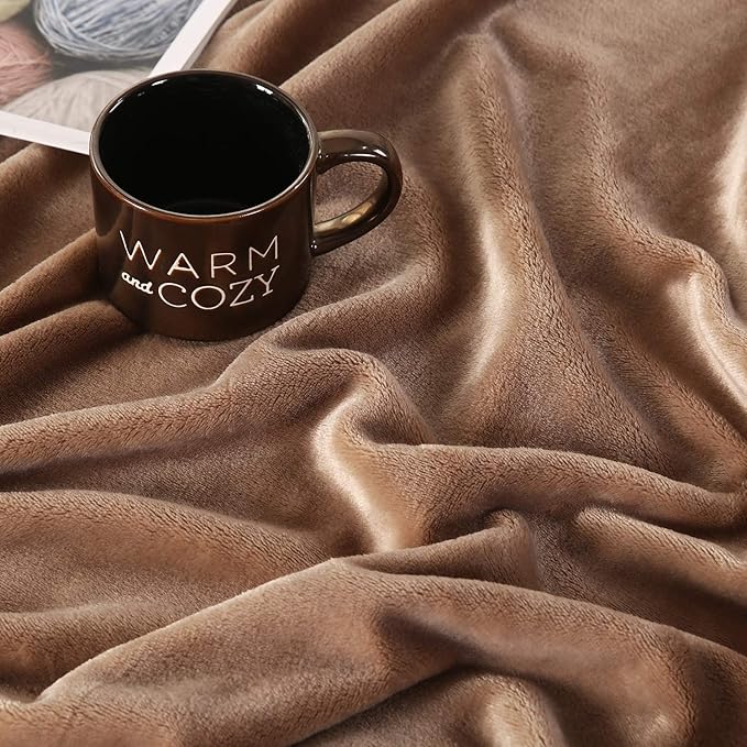 TASTHROW Large Flannel Fleece Throw Blanket, 50×70 Inch - Cozy Lightweight Thick Blanket - All Seasons Suitable for Women, Men and Kids (Light Coffee)
