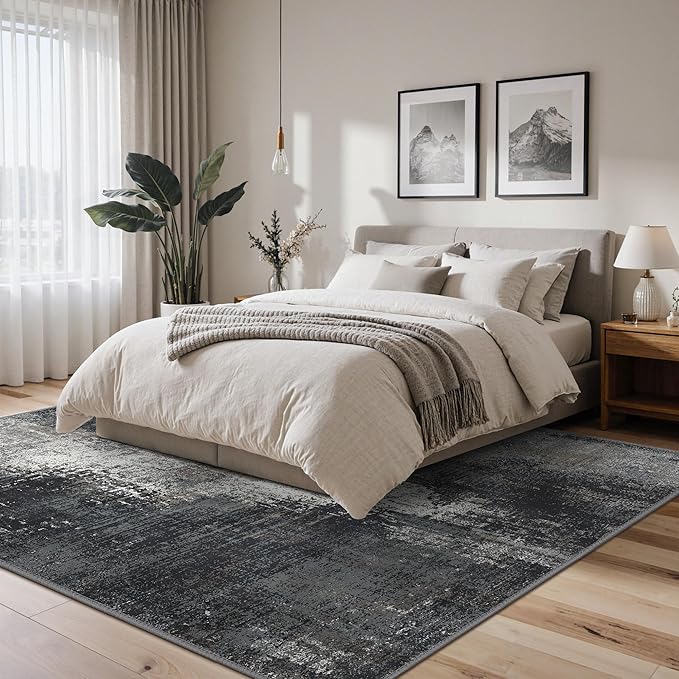 Area Rugs 8x10 for Living Room Bedroom, Modern Abstract Machine Washable Rug, Large Soft Low Pile Floor Carpet with Non Slip Backing for Dining Room, Black