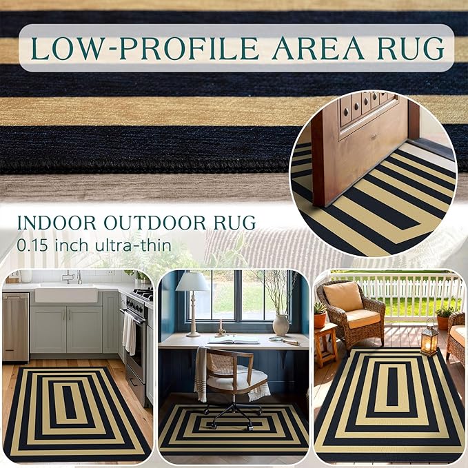 3x5 Modern Entry Rug - Small Washable Indoor Outdoor Mats for Front Door Non-Slip Porch Rug Black Tan Geometric Striped Throw Rugs for Living Room Bedroom Entryway Kitchen Office Porch Decor