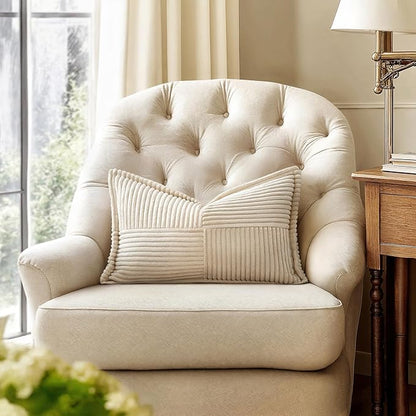 MIULEE Decorative Lumbar Throw Pillow Covers for Couch Bed Livingroom 14x24 Inch Set of 2 Beige Boho Accent Throw Pllows Broadside Striped Patchwork Soft Corduroy Pillowcases