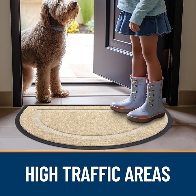 OLANLY Half Circle Door Mat Indoor Outdoor Entrance Welcome, Waterproof All-Season, All-Weather Doormat, Sturdy Natural Rubber, Low Profile, Easy Clean Patio Porch Entryway Mat, 33x21, Beige