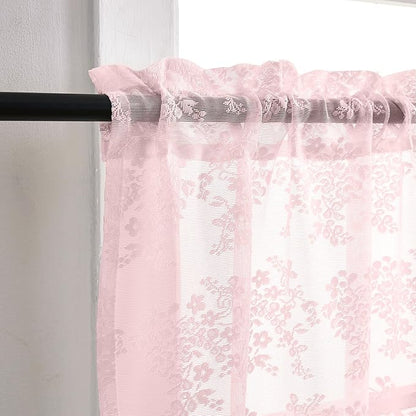 YJ YANJUN Vintage Lace Curtains 36 inch Length 2 Panels - Short Pink Sheer Curtains for Girls Room, Cute Flower Cafe Net with Scalloped Edges, Privacy Blinds Shade for Kitchen Living Room, W26 x L36