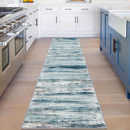 KOZYFLY Modern Abstract Runner Rug, 2x8 Kitchen Rugs Non-Slip Washable Soft Striped Hallway Runner Rugs, Print Blue Carpet Runner for Entryway Bathroom Laundry Room Foyer