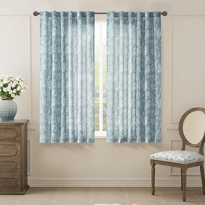 jinchan Linen Floral Curtains for Living Room, 63 Inch Length Curtains with Printed Flower Light Filtering Curtain, Rod Pocket Back Tab Blue Window Treatment Set Bedroom Curtain, 2 Panels Blue
