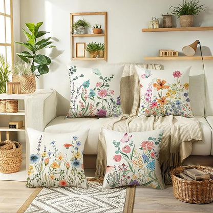 ONFAON Spring Decorations for Home - Spring Pillow Covers 18x18, Outdoor Pillow Covers Springtime Farmhouse Throw Pillow Cover Garden Linen Cushion Case for Home Decor