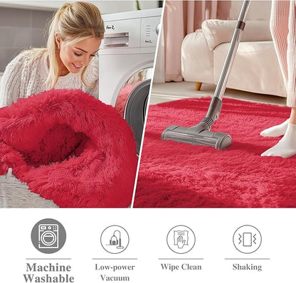 OLANLY Red Round Rugs for Bedroom - Machine Washable, 9 ft Circle Area Rugs for Living Room, Soft and Fluffy Shaggy Carpet for Teen Girls and Boys, Nursery Rooms, Dorms, Home Decor Aesthetic