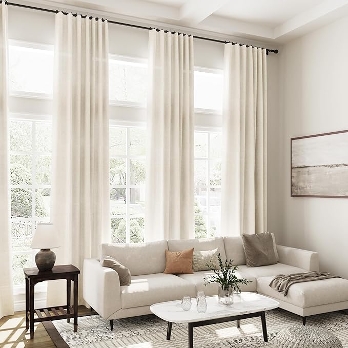 Extra Long Warm Beige Linen Curtains 120 Inch for Living Room 2 Panels Set Rod Pocket Back Tab Light Filtering Semi Sheer Linen Window Drapes Privacy High Ceiling Drapes for Farmhouse 52x120