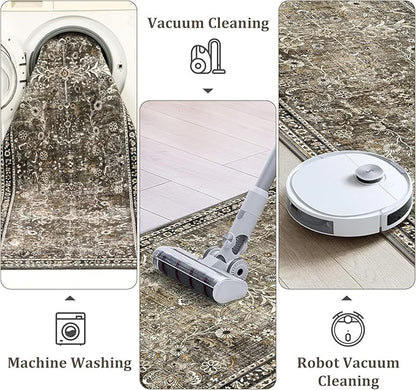Yamaziot Washable Runner Rug 2x8 – Non Slip Boho Floral Hallway Runner Rug with Rubber Backing, Low Pile Wool Distressed Carpet for Kitchen, Laundry, Bedroom, Entrance, Tan