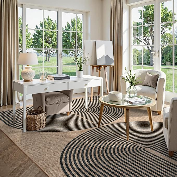 Lahome Enfys Modern Rainbow Easy Jute 9x12 Rug, Large Outdoor Patio Rug Farmhouse Indoor Outdoor Living Room Carpet, Contemporary Non Slip Non Shedding Nature Carpet for Dining Room Basement Backyard