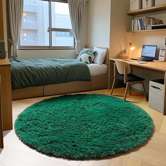 ONASAR Dark Green Round Area Rug 4ft, Soft Bedroom Circle Rugs for Kids Girls Teen Room, Cute Furry Plush Shaggy Carpet for Baby Nursery Living Room Playroom Dorm Christmas Home Decor