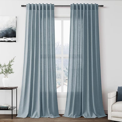 Light Blue Linen Curtains 90 Inch Long 2 Panels Set for Bedroom Living Room Soft Linen Textured Window Drapes Semi Sheer Light Filtering Rod Pocket Back Tab Cotton Textured Farmhouse Curtain 52x90