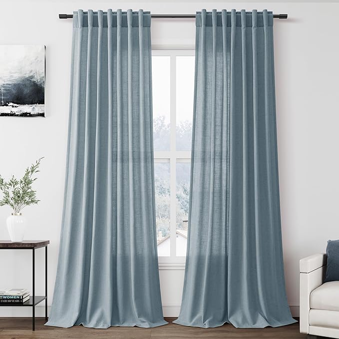 Nanspring Light Blue Linen Curtains Semi Sheer 96 Inches Long 2 Panels Set for Living Room Back Tab Rod Pocket Light Filtering Drape for Bedroom Modern Farmhouse Coastal Decor Protect Privacy 52x96.