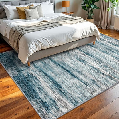 KOZYFLY Area Rug 6x9 Modern Ombre Rugs for Living Room, Washable Large Thin Rugs Non-Slip Soft Striped Rug for Bedroom, Print Blue Abstract Carpet for Laundry/Kid Room