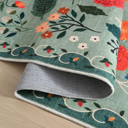 Rugcomf 2x5 Rug Runner - Floral Machine Washable Kitchen Rug, Non-Slip Low Pile Boho Carpet for Hallways, Laundry, Entryway, Bedroom, Bathroom - Green