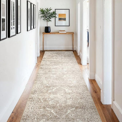 4x12 Washable Hallway Runner Rug - Wide Kitchen Runners Vintage Low Pile Carpet Soft Thin Floor Runner with Rubber Backing for Entryway Bedroom Living Room Home Decor (Beige)