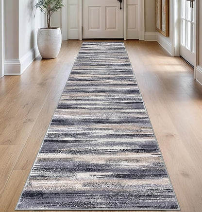 Lansny Modern Abstract Runner Rug 2.6x14, Grey Black Multi Washable Long Kitchen Runner Non-Slip Soft Hallway Rug Runner Thin Print Faux Wool Carpet for Entryway Bedroom Laundry Room Indoor HomeDecor