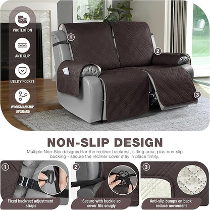 TAOCOCO 100% Waterproof Oversized Loveseat Recliner Cover, Non Slip Split Couch Covers for Reclining Loveseat with Elastic Straps for Kids Pets(Oversized 2 Seater, Coffee)