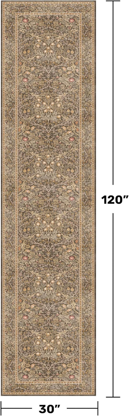 Brown 2'6" x 10' Hallway Runner Rug Non Slip - Washable Kitchen Rug Stain Resistant, 10ft Extra Long Thin Entryway Indoor Mats, Soft Boho Vintage Gold Brown Floral Indoor Carpet Runner Décor Low Pile